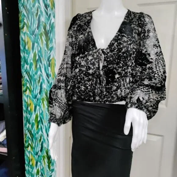 ASTR the label Velvet Burnout Shawna Abstract Velvet Cropped Sheer Floral Top S - Picture 2 of 12